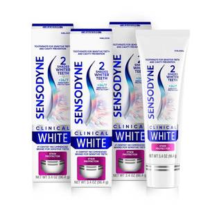 lot 6448 image: Sensodyne Clinical White Toothpaste Clinically Proven Whitening for Sensitive Teeth, Stain Protector, 3.4 oz x 3