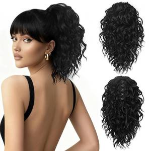 lot 6462 image: Clip on Ponytails for Women, 12 Inch Curly Black Ponytail Extension