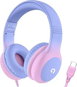 lot 6467 image: ADOOPE Wired Kids Headphones with USB C Plug, 85dB Safe Volume, Adjustable Headband, Tangle-Free Cord Headphones for School, Tablet, Travel (Light Purple & Pink, Without Microphone)