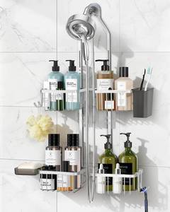 lot 11291 image: MSAICOE Adjustable Shower Caddy Hanging for Handheld Showerheads - Never Rust Shower Hanging Organizer, Upgraded Bathroom Shower Rack with Soap Basket, Hooks and Toothbrush Holder (Silver)