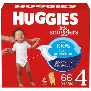 lot 11295 image: Huggies Size 4 Diapers, Little Snugglers Baby Diapers, Size 4 (22-37 lbs), 66 Count, Packaging May Vary