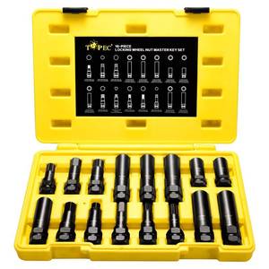 lot 12372 image: Topec 16-Piece Locking Lug Nut Master Key Set  5, 6, 7, 12 Spline Socket Set, Star and Internal Hex Style Lug Nut Key Set, CR-MO Steel (Not for Hex, Deep, Large-Size, and 10-Spline)