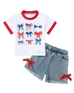 lot 12395 image: Jecson Toddler Girl 4th of July Outfit Summer Cotton Bowknot Print T-Shirt and Jeans Shorts Set Casual Girls 2 Piece Outfits Sets