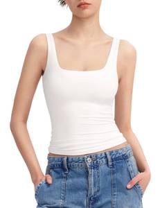 lot 12397 image: PUMIEY White Tank Tops for Women Square Neck Sleeveless Summer Tops, Splashed White Medium