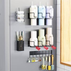 lot 19409 image: Magnetic Cup Holder for Fridge, Aufworld Tumbler Organizer with 8-Hook Rack, Fits 203040 oz Stanley Cups, Accessory Storage with Lid & Straw Holder, Water Bottle Organizer for Kitchen Refrigerator