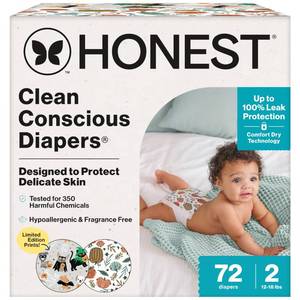 lot 19436 image: The Honest Company Comfort Dry Disposable Diapers for Sensitive Skin, Hypoallergenic, Fragrance-Free, Fall 25 Seasonal Prints, Club Box, Size 2 (12-18 lbs) 72 Count