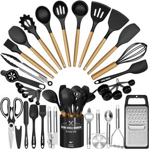 lot 19439 image: Kitchen Utensils Set- 34PCS Silicone Cooking Utensil with Holder, Umite Chef Heat Resistant Kitchen Spatula Set for Nonstick Cookware, Black Wooden Handles Kitchen Gadgets Tools Set