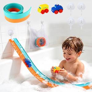 lot 19446 image: Race Car Bath Toy Set, 8-Piece Long Flexible Dual-Color Bathtub Track Set with 2 Mini Cars, Mesh Storage Bag, 4 Strong Suction Cups�� DIY Bathtub Water Slide Toys for Kids