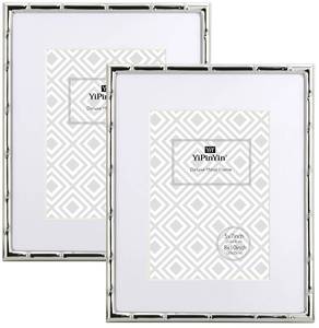 lot 19470 image: YiPinYin 8x10 Bamboo Detail Designs Silver Metal Picture Frame with Mat for 5x7 Set of 2,Narrow Silver Plated Photo Frames 5x7 With Soft Touch Velvet Backing for Desktop and Wall D�cor