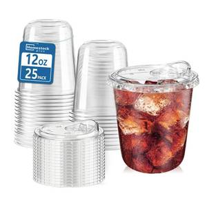 lot 19472 image: 25 Pack 12 oz BPA-Free Clear Plastic Coffee Cups with Strawless Sip Lids - Leak-Proof Disposable To-Go Cups for Iced Coffee, Kids, Smoothies & Juice, Ideal for Daily Use & Small Gatherings