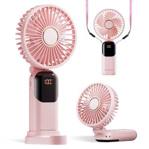 lot 20247 image: GOCKERA Portable Fan, 4200mAh Battery Operated Fan, 5 Speeds&Digital Display, Makeup Fans for Women with Base, 180°Foldable 3in1 HandheldNeckDesk Fan for Outdoor Indoor,Ultra Quiet (Pink)