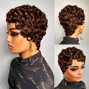 lot 20268 image: FREEKWEEN Short Curly Wig for Black Women Chocolate Brown100% Brazilian Human Hair Finger Wave Pixie Cut Wig 150% Density Natural Looking Full Wig Real Human Hair Wig for Daily Wear Party Cosplay