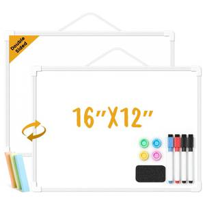 lot 20282 image: Small Dry Erase Board for Wall, 16 x 12 Double-Sided Hanging Whiteboard, Magnetic White Board with 4 Markers, 4 Magnets and 3 Mini Sticky Notes, Portable Whiteboard for Kids, School, Home, Office (Corner Piece Broken Off) (Used)