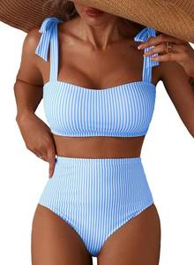 lot 20291 image: Herseas Womens Blue Striped Bikini Sets Shoulder Strap Knot Swimsuits M