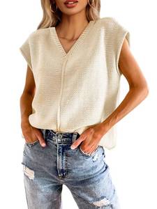 lot 20323 image: Saodimallsu Womens Summer Cap Sleeve Tops V Neck Casual Loose Fit Knit Lightweight Going Out Sweater Pullover Top Apricot