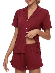 lot 20324 image: Vrtige Womens 2 Piece Pajamas Set Button Down Short Sleeve Shirt and Shorts Sleepwear PJs Set Wine Red Large