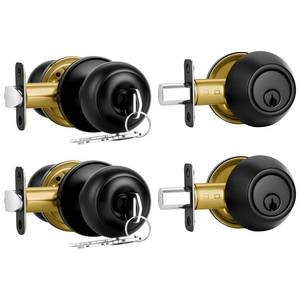 lot 20352 image: Plustool 2 Pack Front Door Lock Set Matte Black,Exterior Door Lock Set with Deadbolt,Single Cylinder Deadbolt Lock and Door Knob Set,Keyed Alike Door Knobs with Lock&Keys,Round Ball Entry Door Lockset