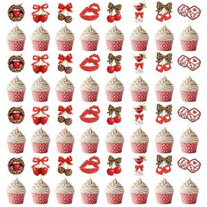 lot 8069 image: CYUXING 48pc Red Leopard Print Cherry Cake Toppers