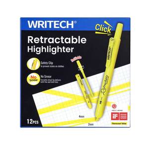 lot 8070 image: WRITECH Retractable Highlighters Chisel Tip 12ct Yellow