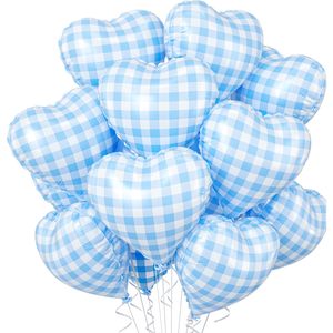 lot 8438 image: Biapian Blue Checkered Heart Balloons, 10pc 18 inch