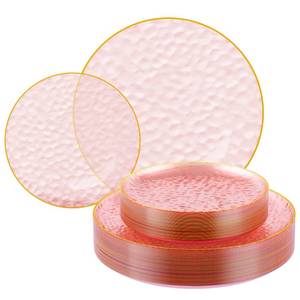 lot 19505 image: Focusline 60-Piece Clear Pink Plastic Plates with Gold Rim