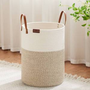 lot 11384 image: VIPOSCO 53L Woven Rope Laundry Hamper with Leather Handles