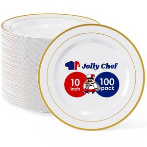 lot 19569 image: Jolly Chef Disposable Plastic Plates 10 Inch Gold Rim 100 Pack