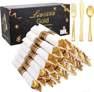 lot 1186 image: Liacere 100Pack Pre Rolled Gold Silverware and Napkin-400pcs Disposable Gold Plastic Utensils-Wrapped Plastic Cutlery Set with Napkin100 Forks,100 Knives,100 Spoons,100 Napkins for Wedding & Party