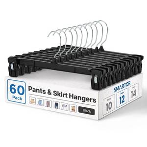lot 1213 image: Smartor Black Pants Hangers 60 Pack, Skirt Hangers with Clips, 12 Inch