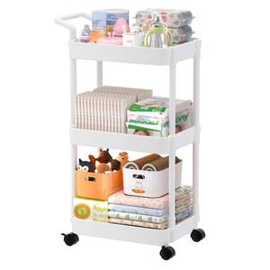 lot 1220 image: Volnamal Diaper Caddy, 3 Tier Rolling Cart for Baby Essentials, Off-White