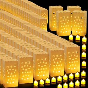 lot 1230 image: Retisee 50 Set Luminaries Plastic Bag with Flameless Candles Christmas LED Tea Lights with Reusable Luminaries Bag for Birthday Wedding Halloween Thanksgiving Party Decor (Star)