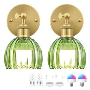 lot 1231 image: RIDALUX Vintage Battery Operated Wall Sconce, Green Tulip Glass Lampshade Wireless Rechargeable Battery Powered LED Wall Light with Remote Dimmable for Bedside Bedroom Doorway Living Room, Set of 2
