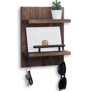 lot 1237 image: Lucundm Key Holder Wall Mount, Mail Shelf Decor with 3 Key Hooks, Versatile Wood Wall Organizer for Entryway Hallway (8.2 x 10.6x 3.6) (Brown)