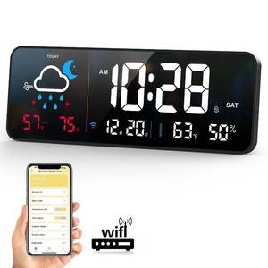 lot 2105 image: Digital Wall Clock, Digital Clock Large Display with Network Auto-Synced, Corded Smart LED Alarm Clocks Real-Time Shows Weather, IndoorOutdoor Temp Humidity for Living Room Bedroom Classroom Office
