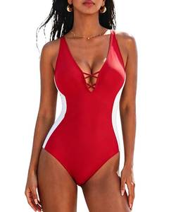 lot 2112 image: SUUKSESS Womens Sexy One piece Tummy Control Swimsuit Deep V Neck Slimming Swimwear 2025 Color Block Crisscross Back Bathing Suits(Red White,XX-Large)