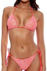 lot 2148 image: Shiny Sexy Side Lace-up Thong Triangle Bikini Set for Women Glitter Sequin Halter Bikini Swimsuit Bling Two Piece Solid Bathing Suits Orange S