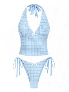 lot 2171 image: seamoly Gingham Bowknot Decor Halter Tied Chic Tankini Set, Light Blue, S