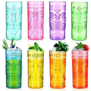 lot 3426 image: Geelin 8 Pack Plastic Tiki Cups 26 oz Tiki Bar Mugs for Cocktails Extra Large Luau Party Cups Hawaiian Cocktails Glasses for Tropical Island Drinks Hawaiian Luau Party Barware (Translucent)