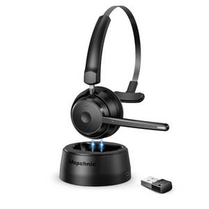 lot 3439 image: Mopchnic Bluetooth Headset, Wireless Headset with AI Noise-Canceling Microphone On Ear Wireless Headset with USB Dongle for Computer Office (Black)
