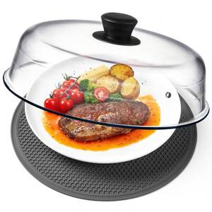lot 3441 image: 2 in 1, Glass Microwave Splatter Cover for Food & Microwave Place Mat, Plate Splatter Guard Lid with Easy Grip Silicone Handle Knob, Borosilicate Glass with Vent Hole, Food Grade, No Plastic, 10in