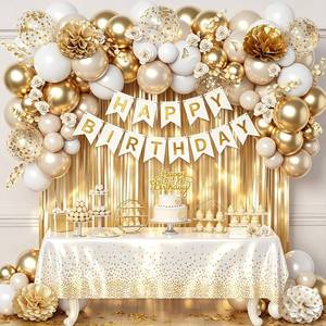 lot 4472 image: Golden Birthday Party Decorations, Gold Party Decorations, White and Gold Balloons Happy Birthday Banner Tablecloth Fringe Curtain Paper Pom Poms Kids Women Men Girls Boys Birthday Golden Bday Decor