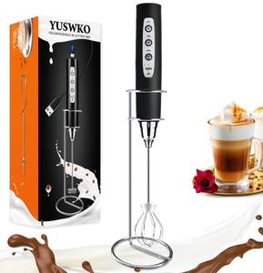 lot 4486 image: YUSWKO Handheld Milk Frother Wand for Coffee, Rechargeable Electric Whisk with 3 Heads 3 Speeds Drink Mixer Coffee Frother For Latte, Cappuccino, Hot Chocolate, Egg, Black with Holder