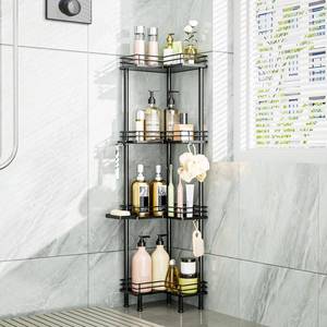 lot 5885 image: Consumest Corner Shower Caddy Standing - 4-Tier Stainless Steel Shower Organizer with Soap Holder and 4 Hooks, Large Capacity Corner Shelf Stand for Bathroom, Rest Room, Black