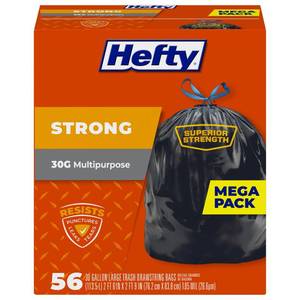 lot 5892 image: Hefty Strong 30 Gallon Trash Bags, Large Trash Bags 30 Gallon Size, Durable Drawstring Enclosure, Resists Punctures, Leaks, and Tears, Black, Unscented, 56 Bags