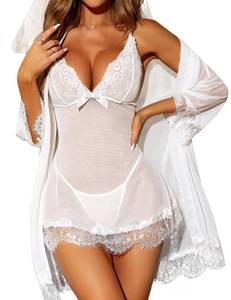 lot 6361 image: RSLOVE Women Sexy Lingerie Set 3 Piece Babydoll & Lace Kimono Robe Bridal Strap Chemise Mesh Nightgown White M