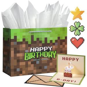 lot 6374 image: Crisky Large Video Game Birthday Bags with 3D Pop Up Cake Card, Tissue Papers, Pixel Boys Birthday Gift Bag for Teens Girls Men Women Gamer Party Decorations