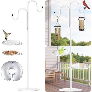 lot 7707 image: Vorriop Upgraded 74 Shepherds Hook Stand Plant��Bird Feeder��White Wind Chime Hanger Stand, Waterproof Metal & Adjustable-Height Standing Pole Holder for Wreath, Indoor & Outdoor��2 Placement Racks