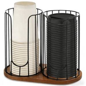lot 7729 image: Geelin 18oz Adjustable Coffee Cup Dispenser with Wooden Base, Cup and Lid Holder, Cups Holder Organizer for Coffee Pod Straw and Lid Storage(2-Compartment Single,Color 1)