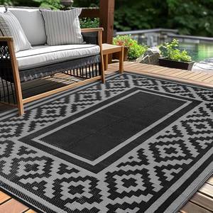 lot 7741 image: Outdoor Patio Plastic Straw Rug - 5x8 ft Outdoor Camping Rug Waterproof Reversible, Area Carpet Patios Clearance RV, Outside Porch Balcony Deck for Camper, Stripe Black Grey