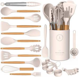 lot 8185 image: Silicone Cooking Utensils Set - AVGPD Silicone Kitchen Utensils for Cooking Wooden Handles, 446°F Heat Resistant Kitchen Utensil Spatula Sets w Holder, Gadgets for Non-Stick Cookware BPA FREE (Khaki)